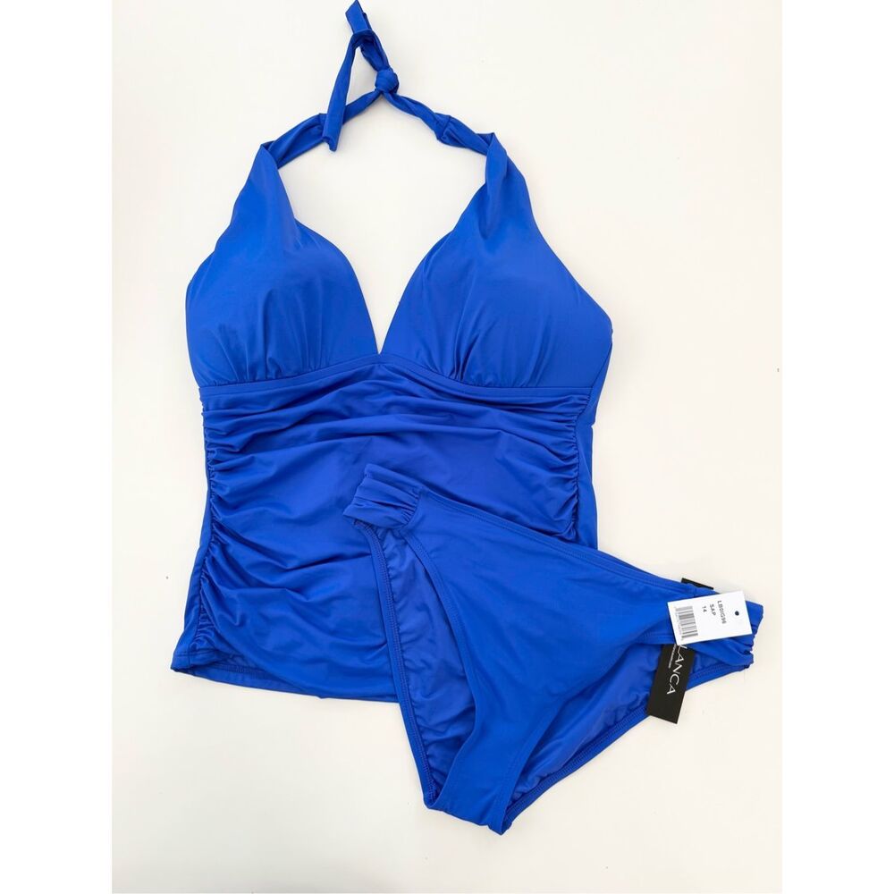 La Blanca Sapphire Island Goddess Halter Tankini Sash Band Bottom 14 NWT